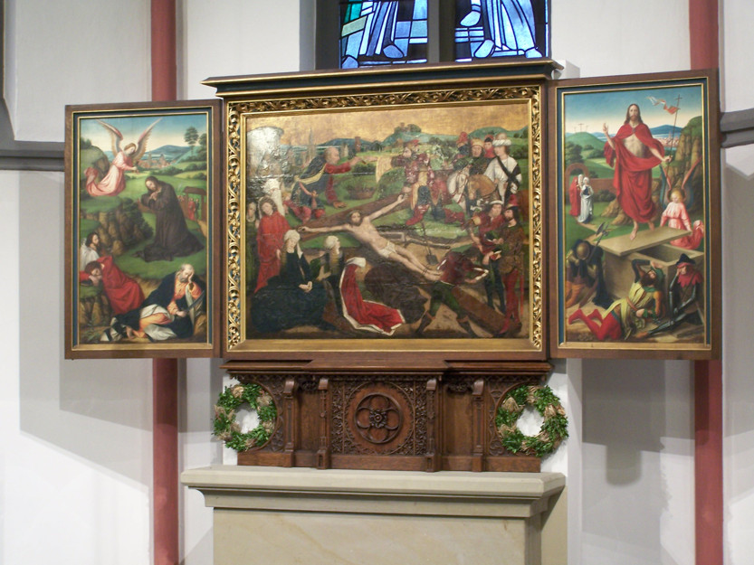 Hochaltar in St. Nikolaus Issum - Mittelbild: Derek Bagert - Kreuzigung Jesu (15. Jh.)