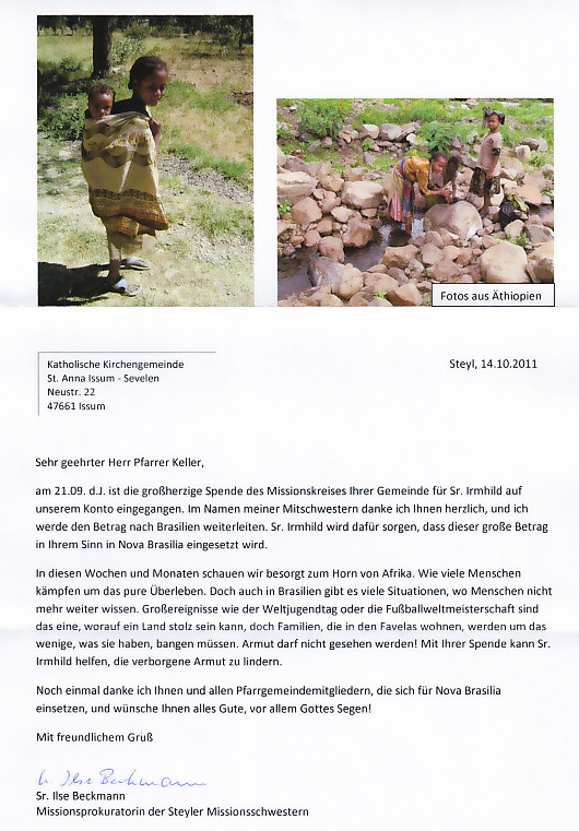 Ein Dankbrief der Steyler Schwestern